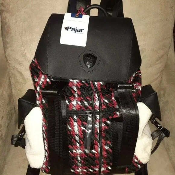 PAJAR-Logan Leather/Knit Luxury Special Force Sport Backpack-Black Plaid Mix-NWT - Picture 2 of 11